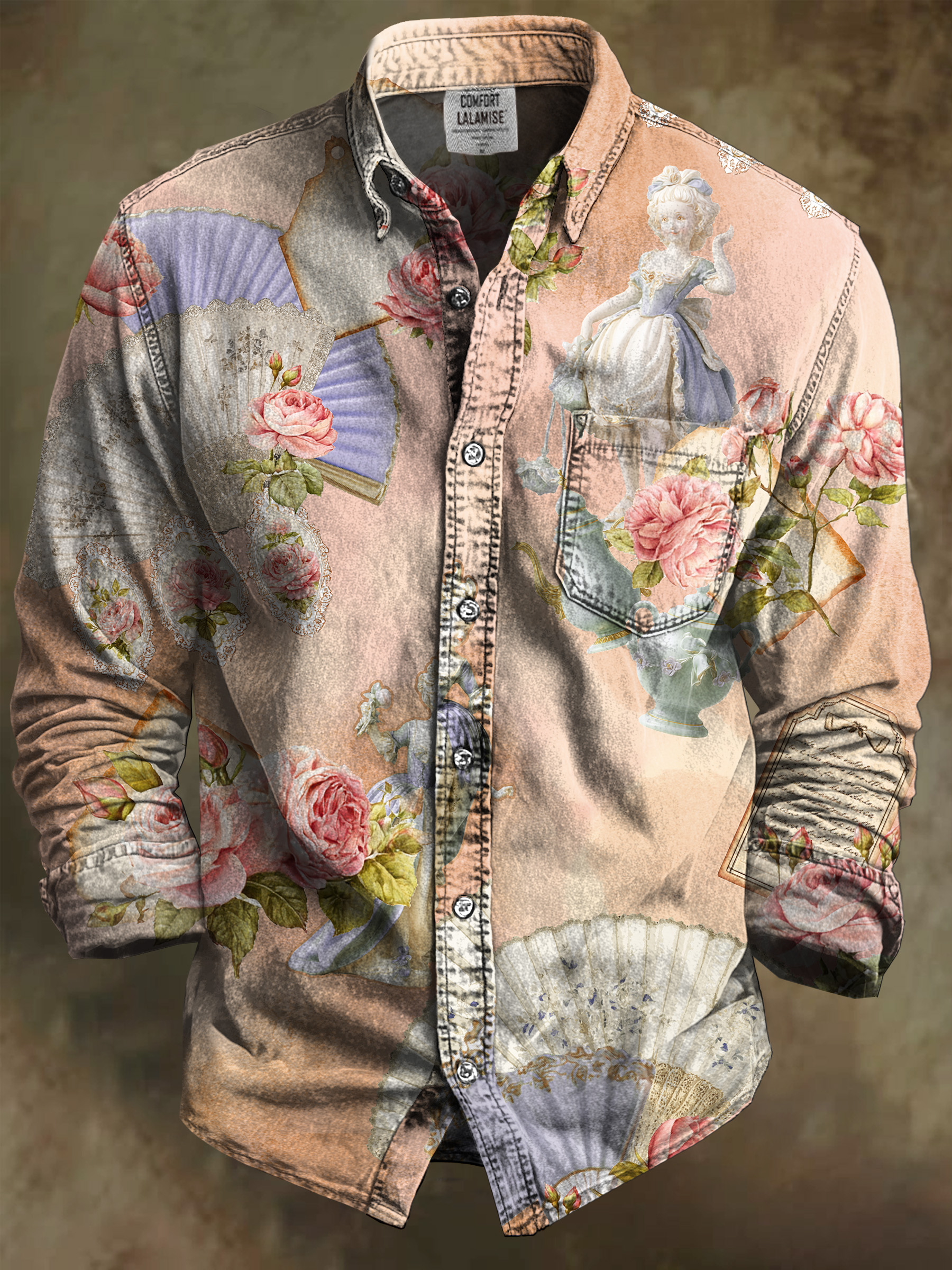 Vintage Colorful Art Print 100% Cotton Long Sleeve Shirt