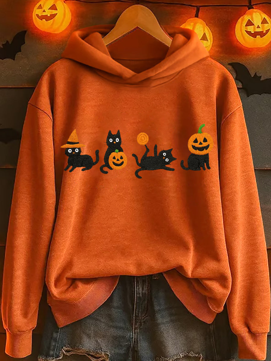 Women's Black Cat and Pumpkin Embroidered Hoodie