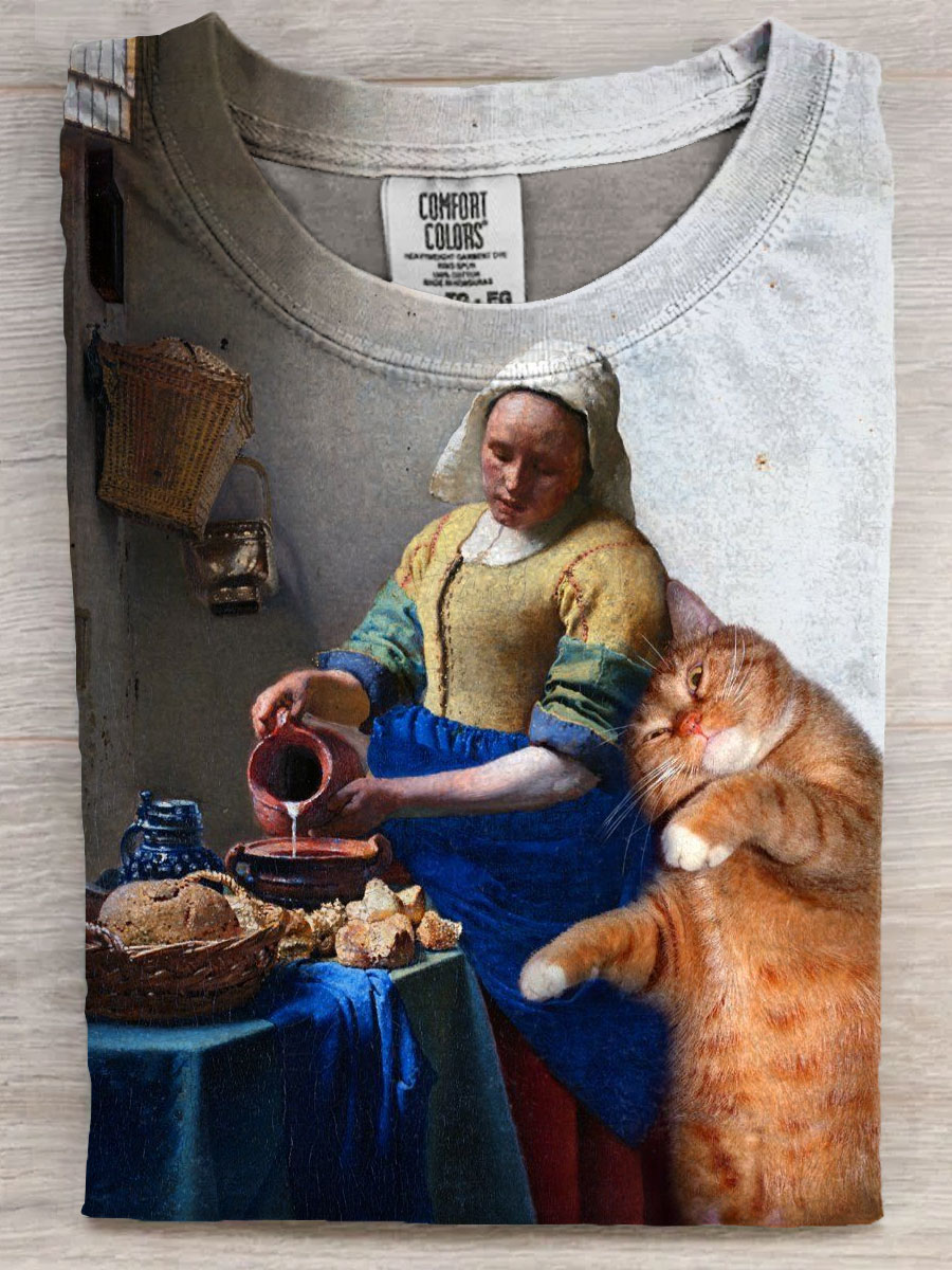 Vintage Funny Cat Art Print Casaul Short Sleeve T-shirt