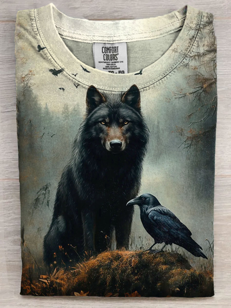 Vintage Wolf Crow Art Print Casaul Short Sleeve T-shirt