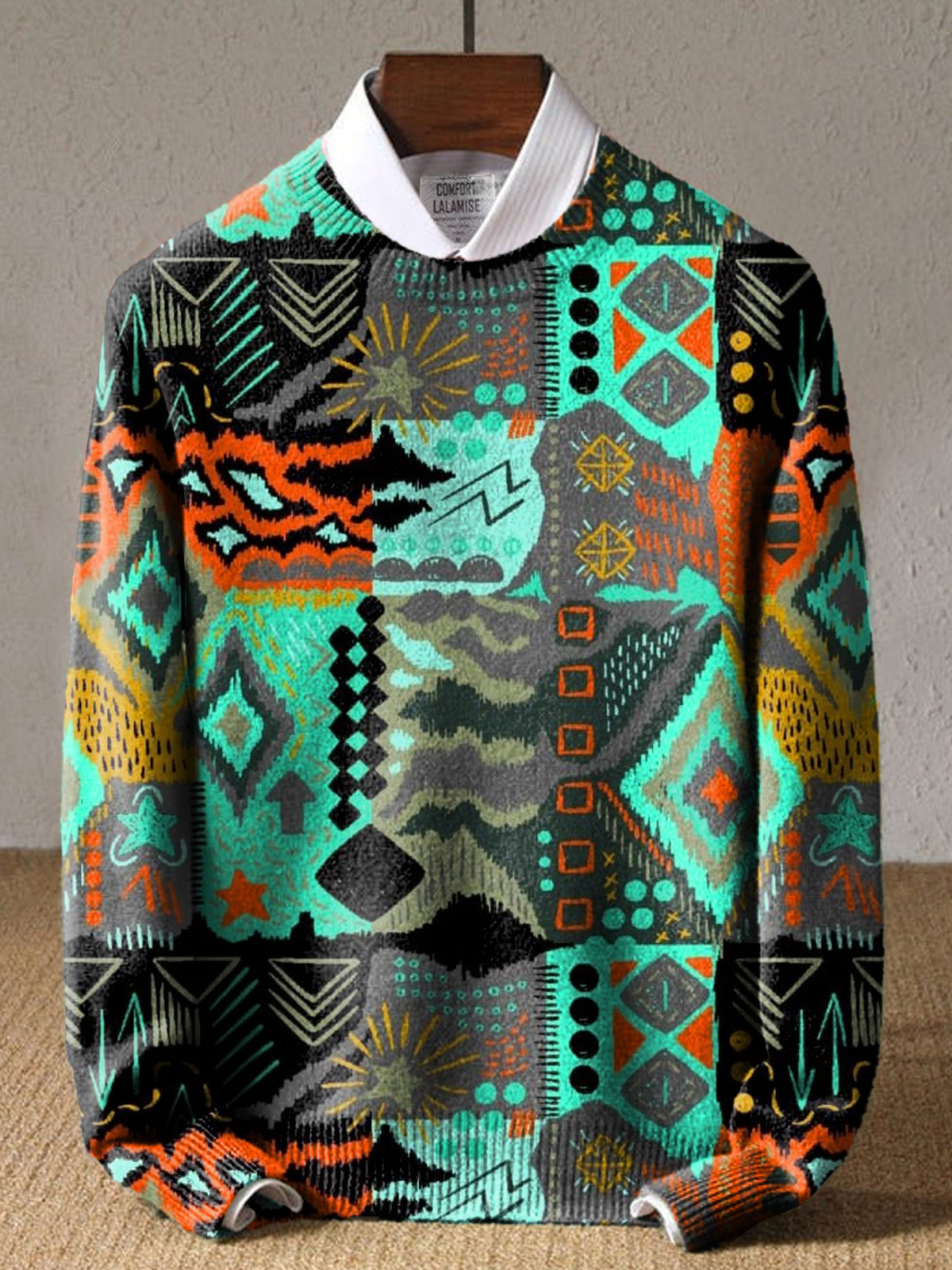 Vintage Ethinic Patchwork Art Print Knit Pullover Sweater