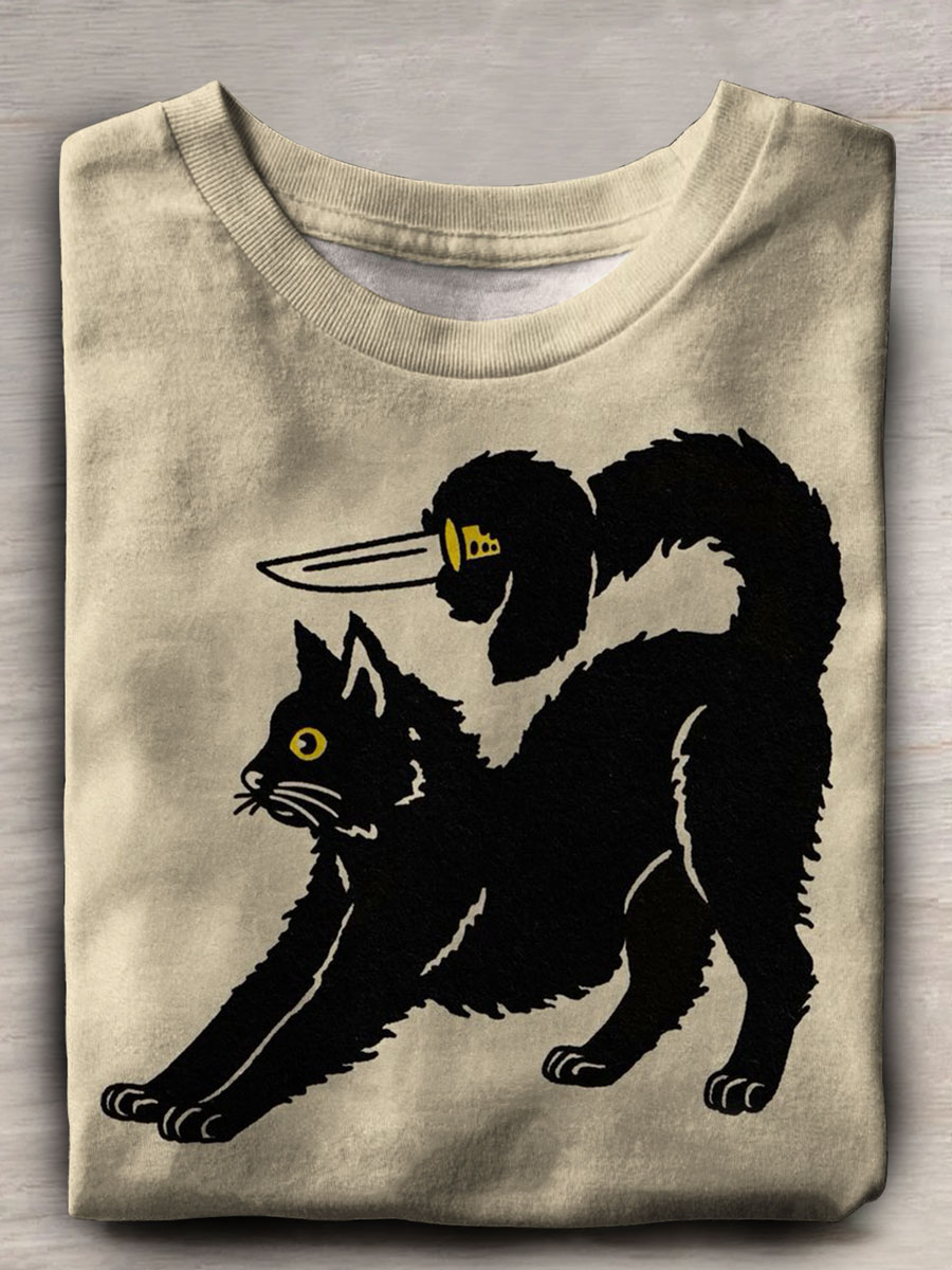 Black Cat Art Print Casual T-shirt