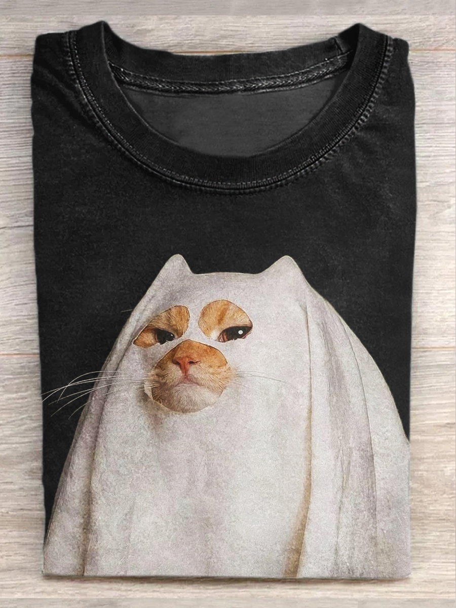 Retro Fun Cat Print Casual Short Sleeve T-Shirt