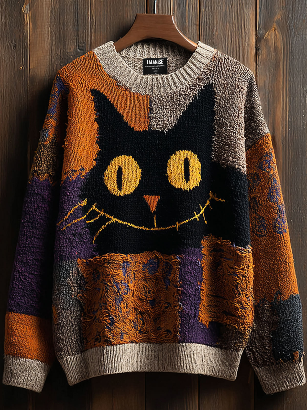 Halloween Black Cat Patchwork Art Print Knit Pullover Sweater