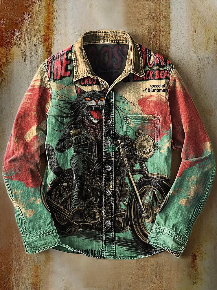 Retro Rock Motorcycle Motorcycle Cat Art Print 100% Cotton Long Sleeve Shirt
