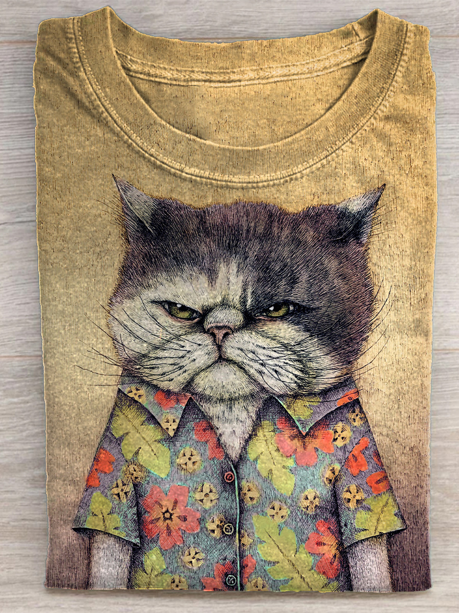 Fun Fat Cat Print T-shirt
