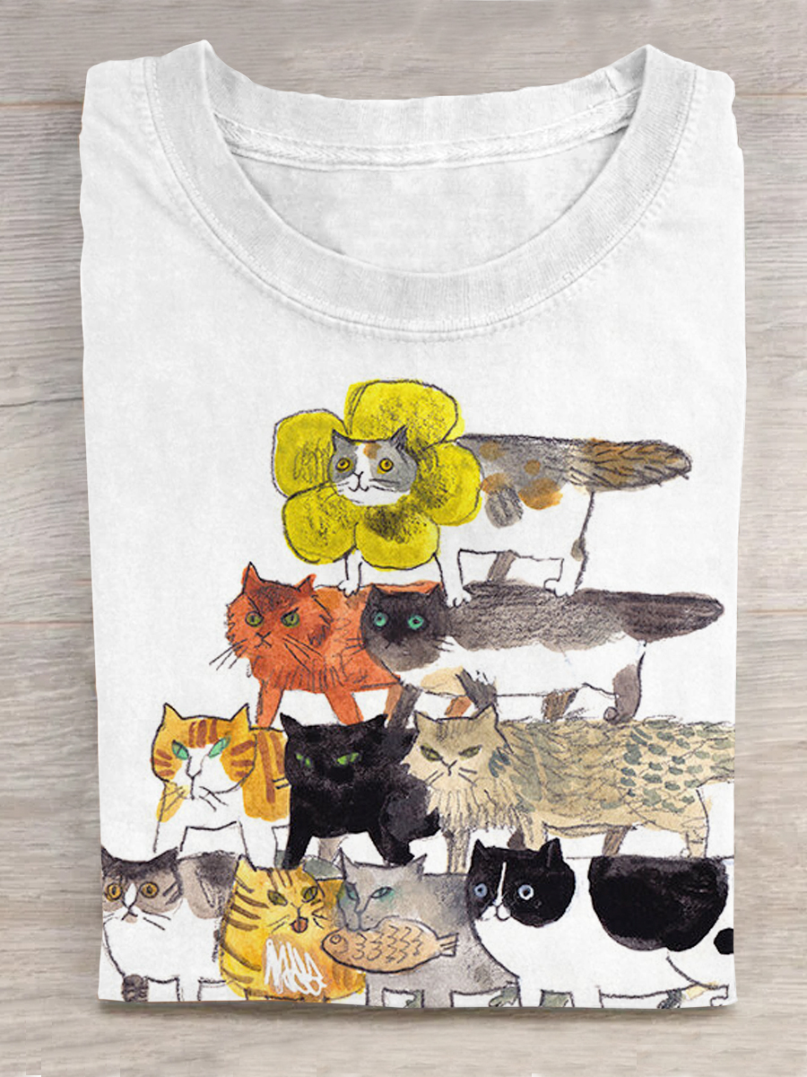 Funny Cat Art Print Printed T-shirt