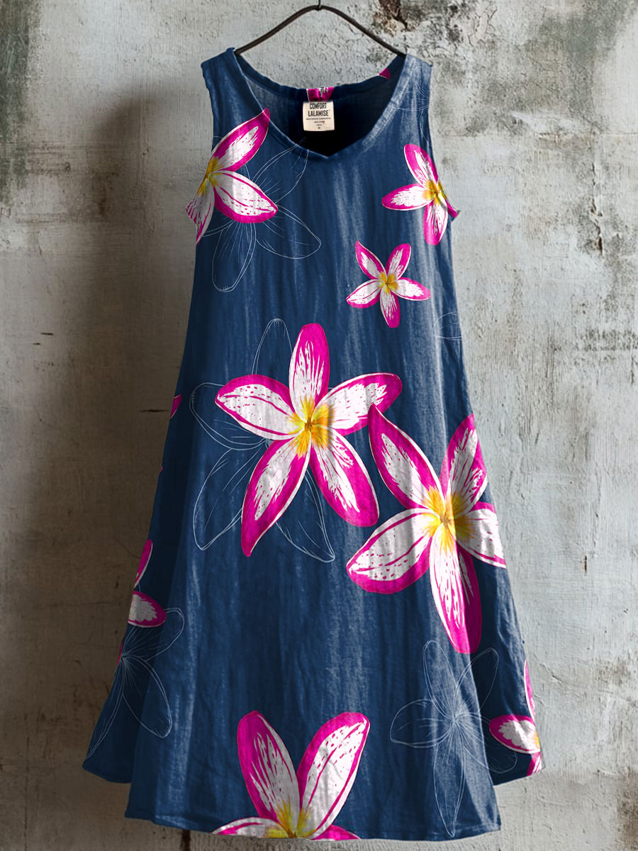 Women's Lily flower Print V-neck Pocket Cotton Dress