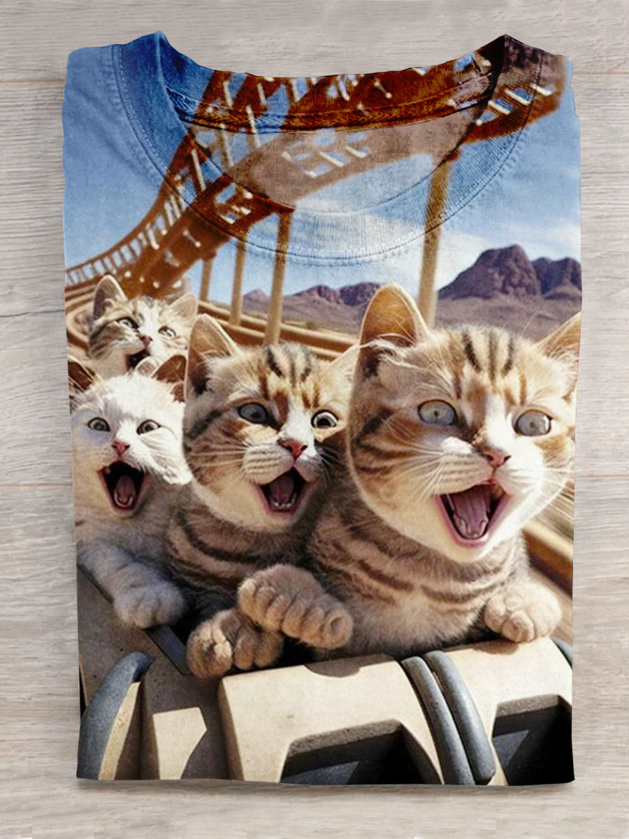 Roller Coaster Cat Print Short Sleeves