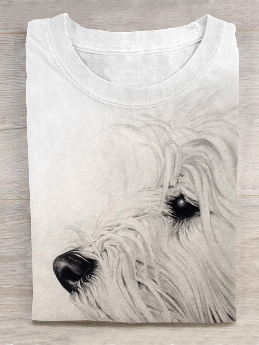 Dog Art Printed Crew Neck Short Sleeve T-Shirt