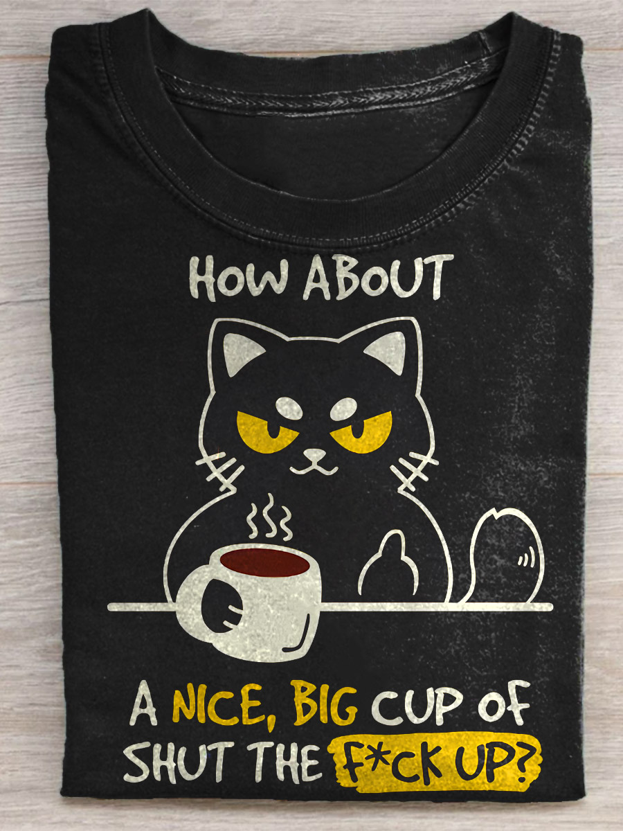 Funny Cat F CK Up Print T-shirt