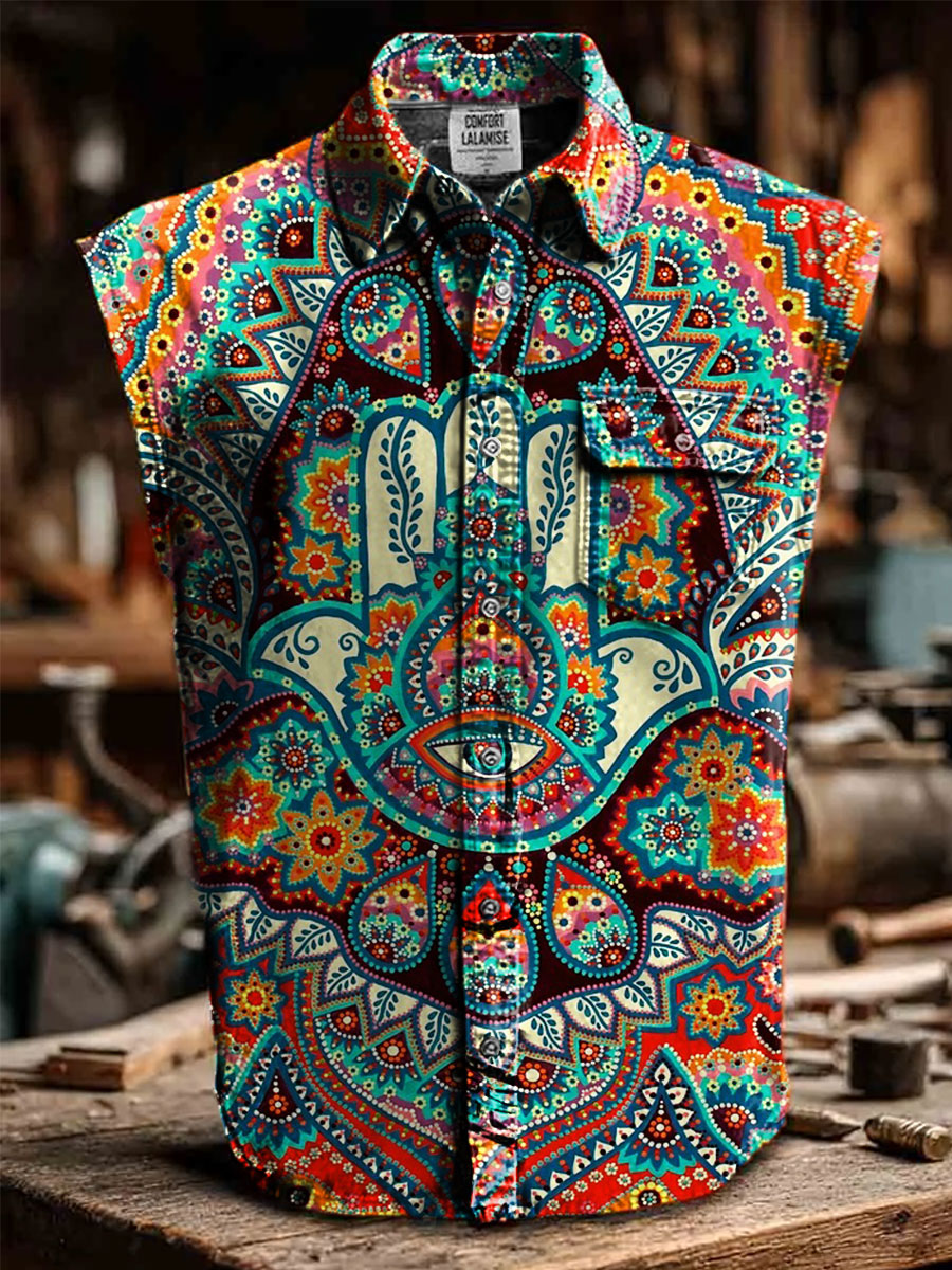 Art Print Casual 100% Cotton Sleeveless Lapel Shirt