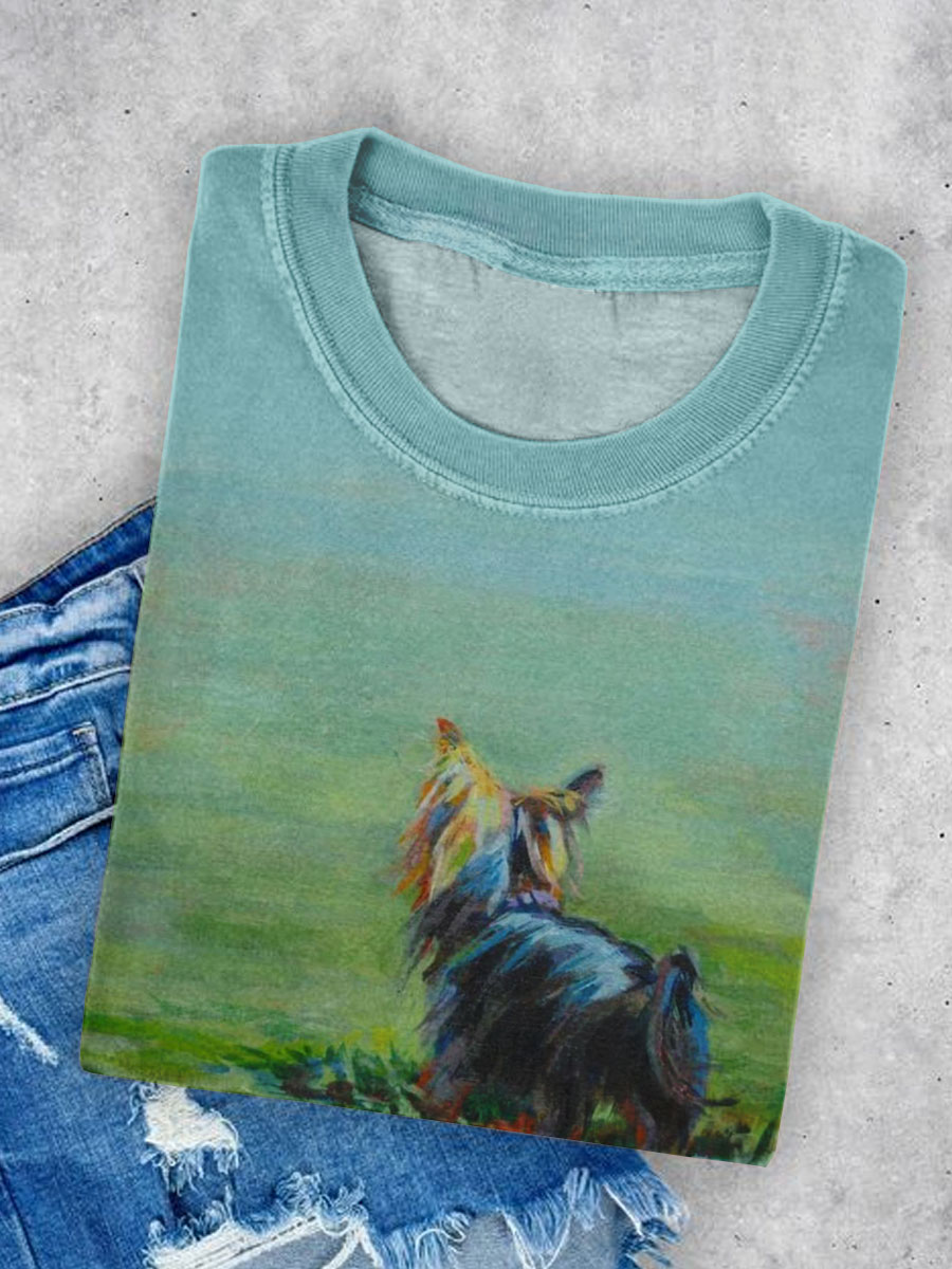 Dog Art Printed Crew Neck Short Sleeve T-Shirt