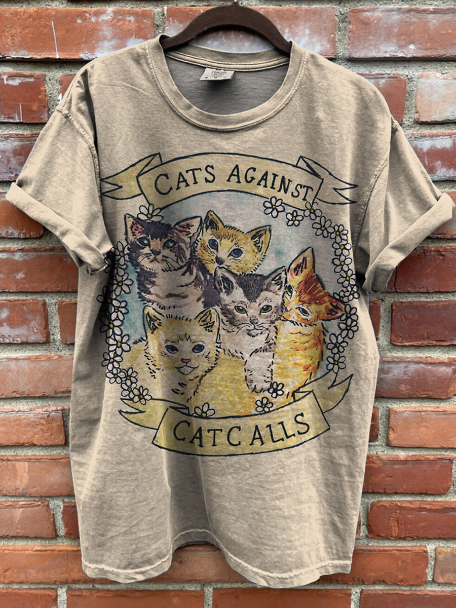 Vintage Cat Print Casual T-shirt