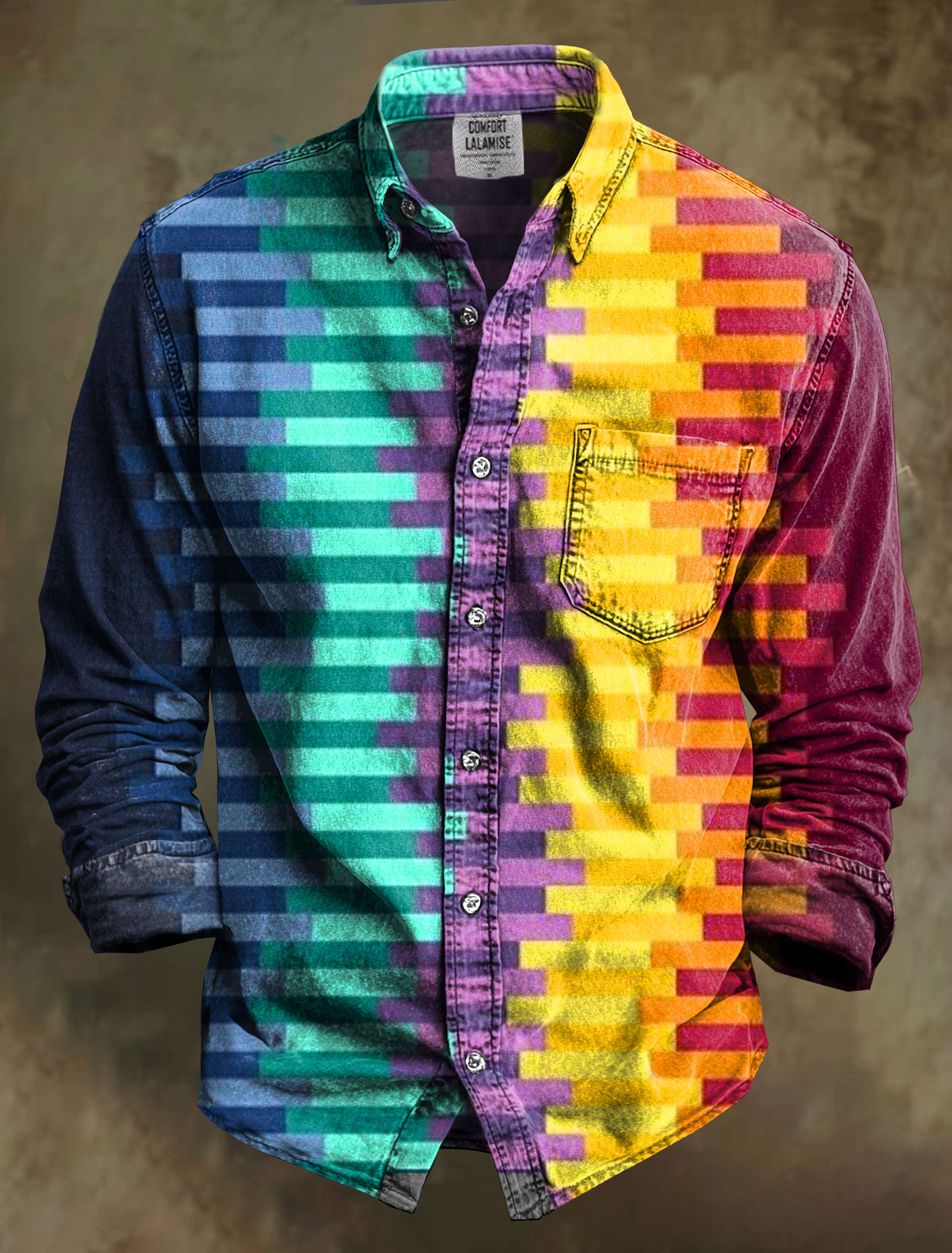 Abstrct Multcolor Art Print 100% Cotton Long Sleeve Shirt