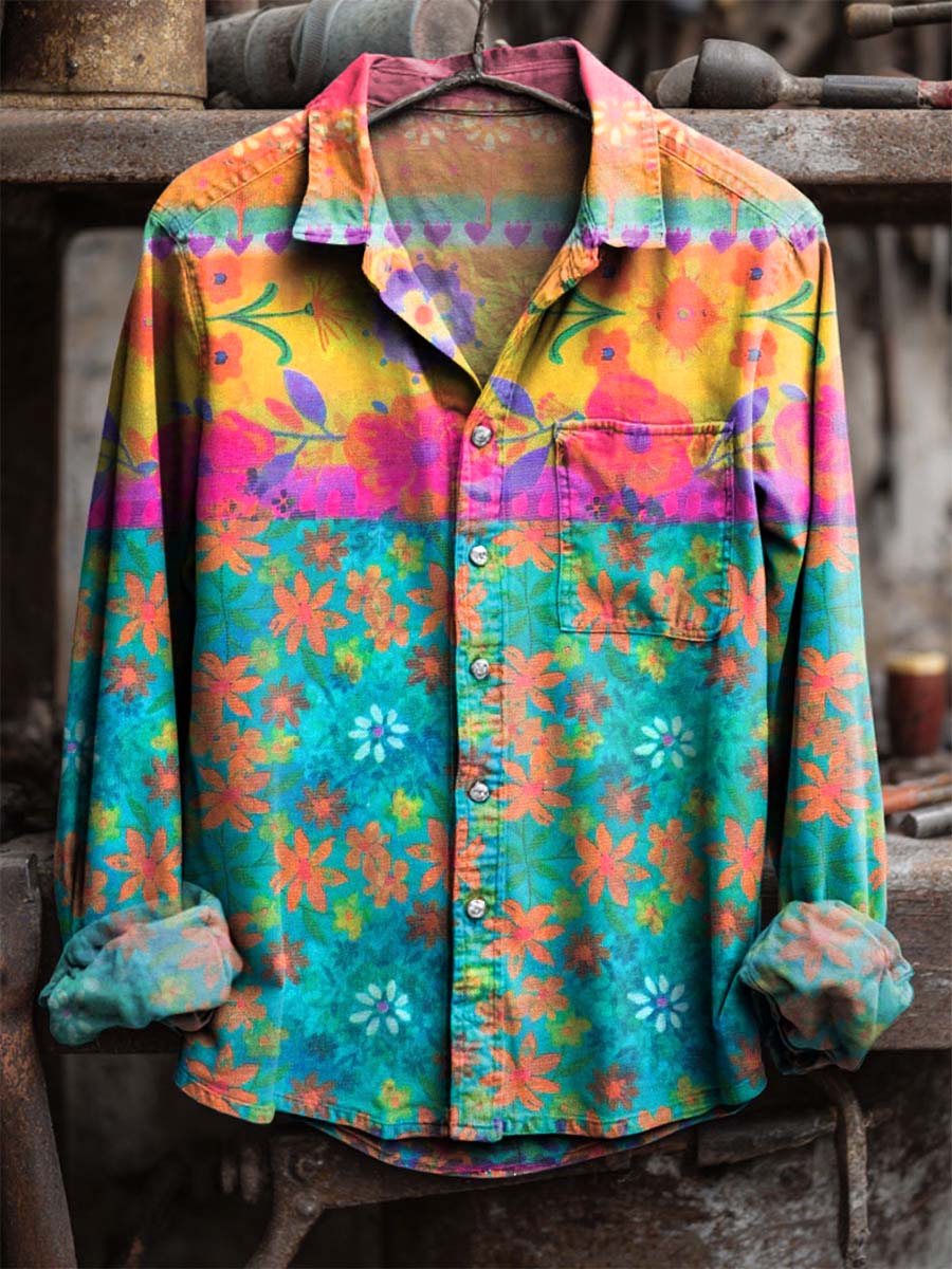 Retro Colorful Stripes Floral Print 100% Cotton Long Sleeve Shirt