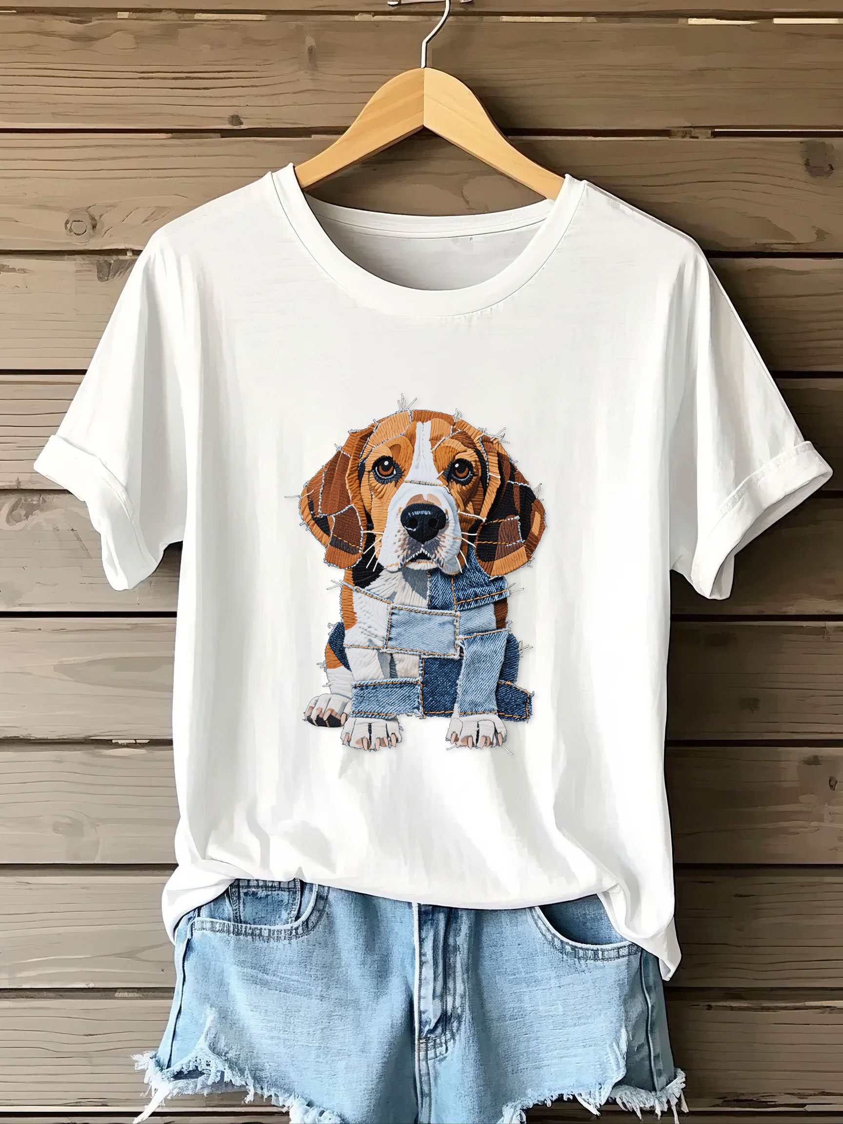 Women's Denim Embroidered Dog Print Short Sleeve T-shirt
