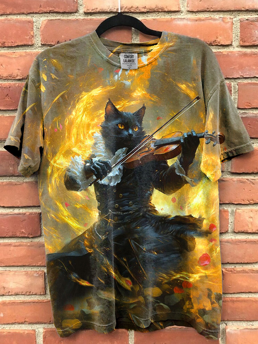 Black Cat Fancy  Art Print Casaul Cotton Short Sleeve T-shirt