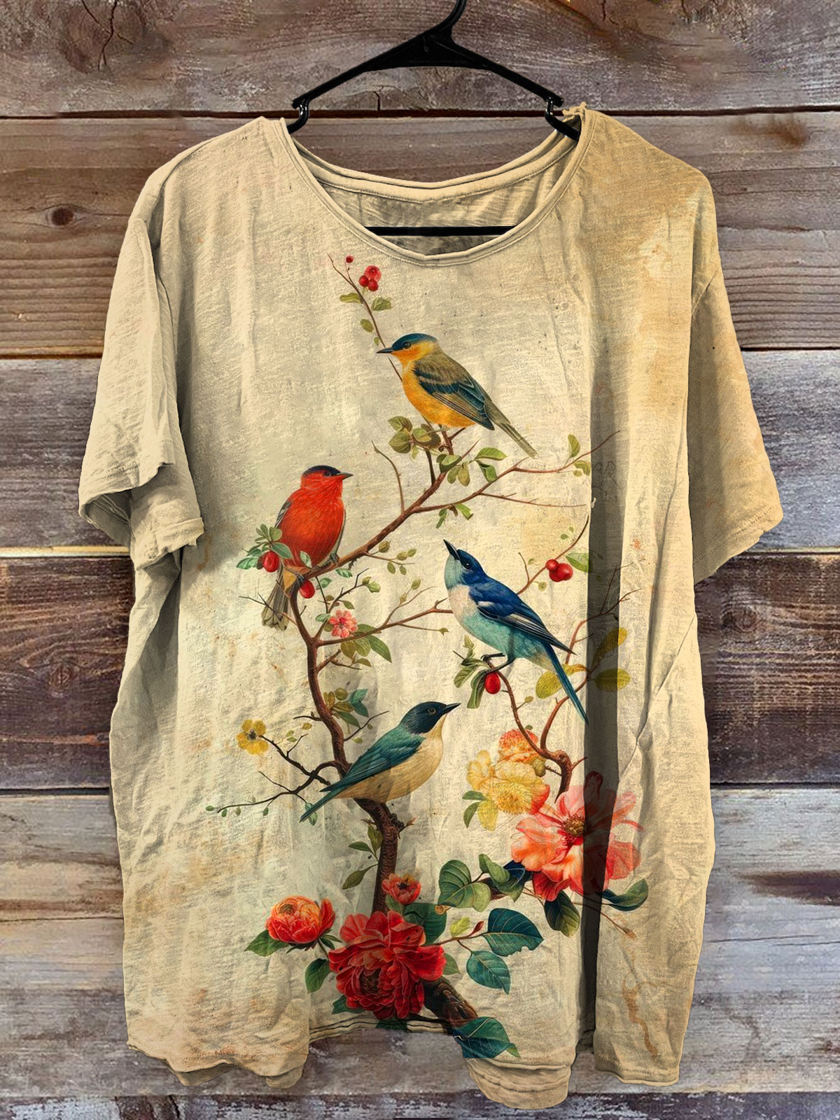 Vintage Bird Art Print Casaul Short Sleeve T-shirt