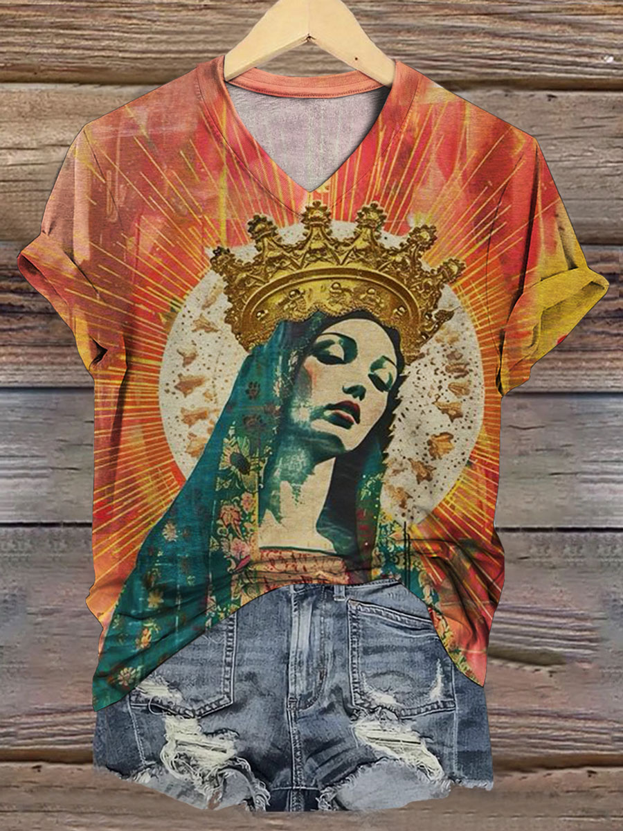 Vintage Art Print V-neck Casual T-Shirt