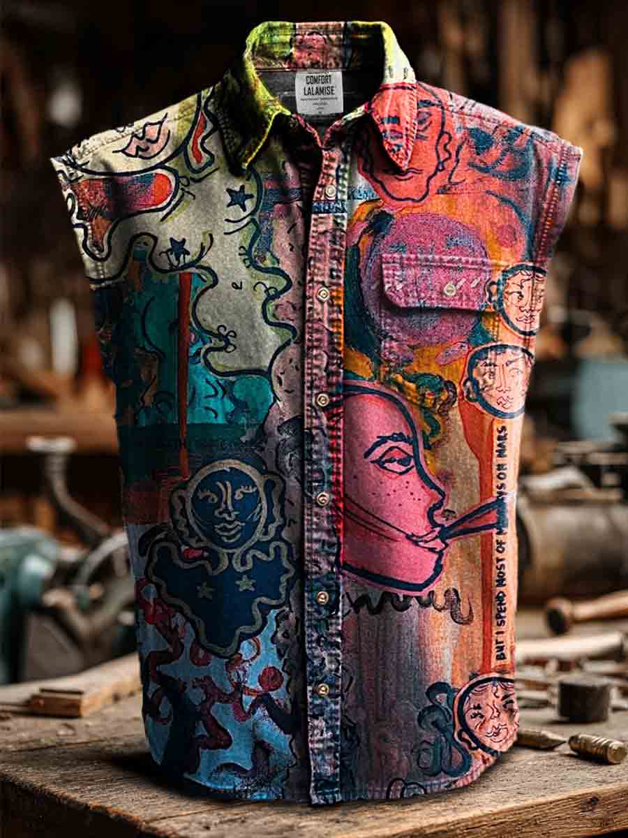 Abstrct Art Print Casual 100% Cotton Sleeveless Lapel Shirt