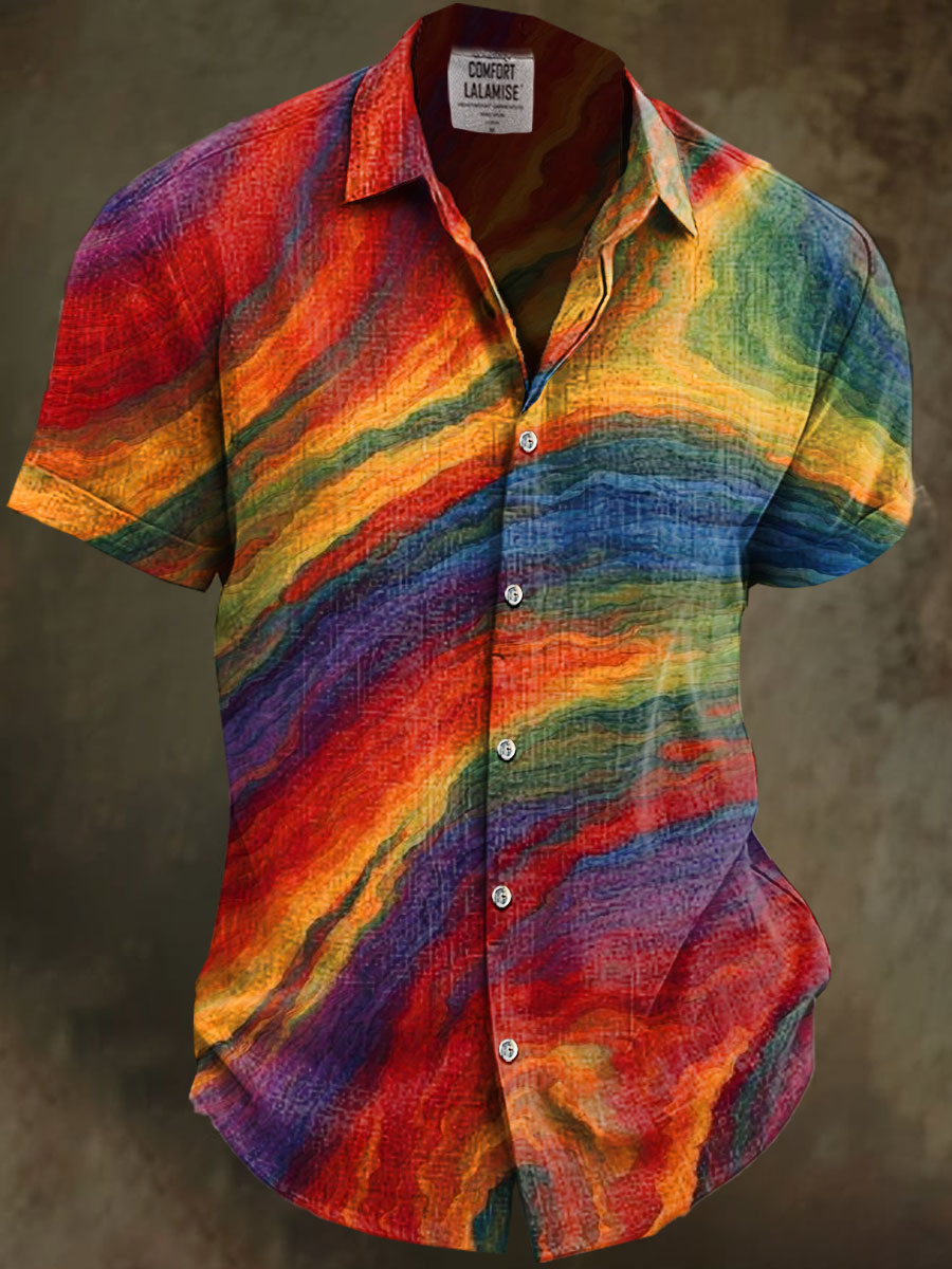 Colorful Rainbow Wave Art Print Casual Cotton And Linen Shirt