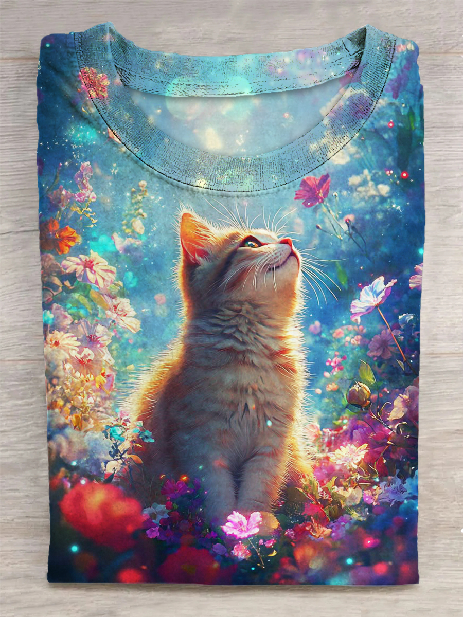 Flower Cat Printed Vintage Fashion Loose Short Sleeve T-Shirt
