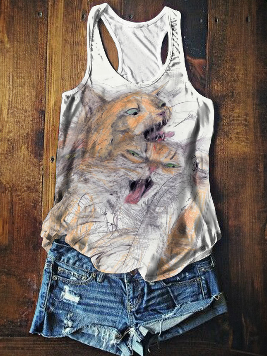 Funny Cat Print Tank Top