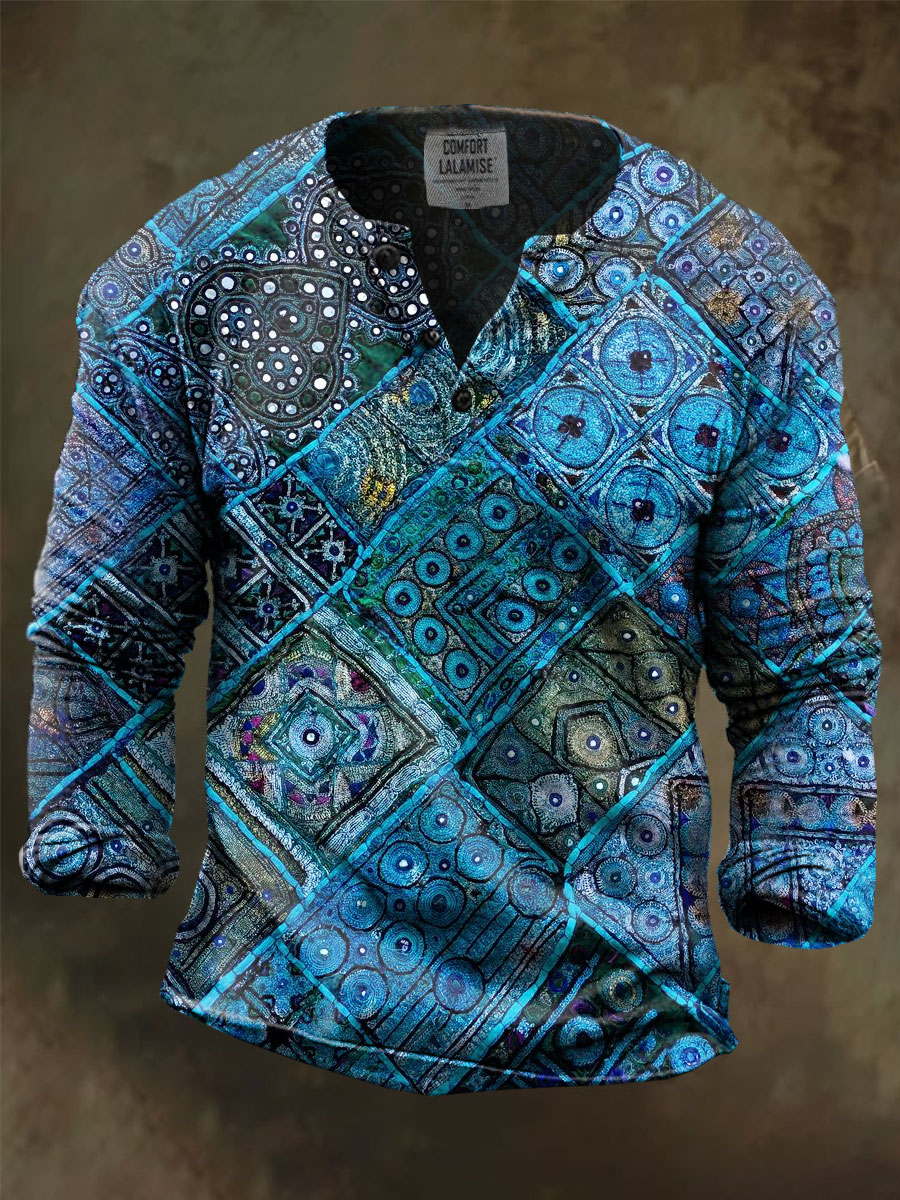 Blue Patchwork Hippe Art Print Henley Sweatshirt
