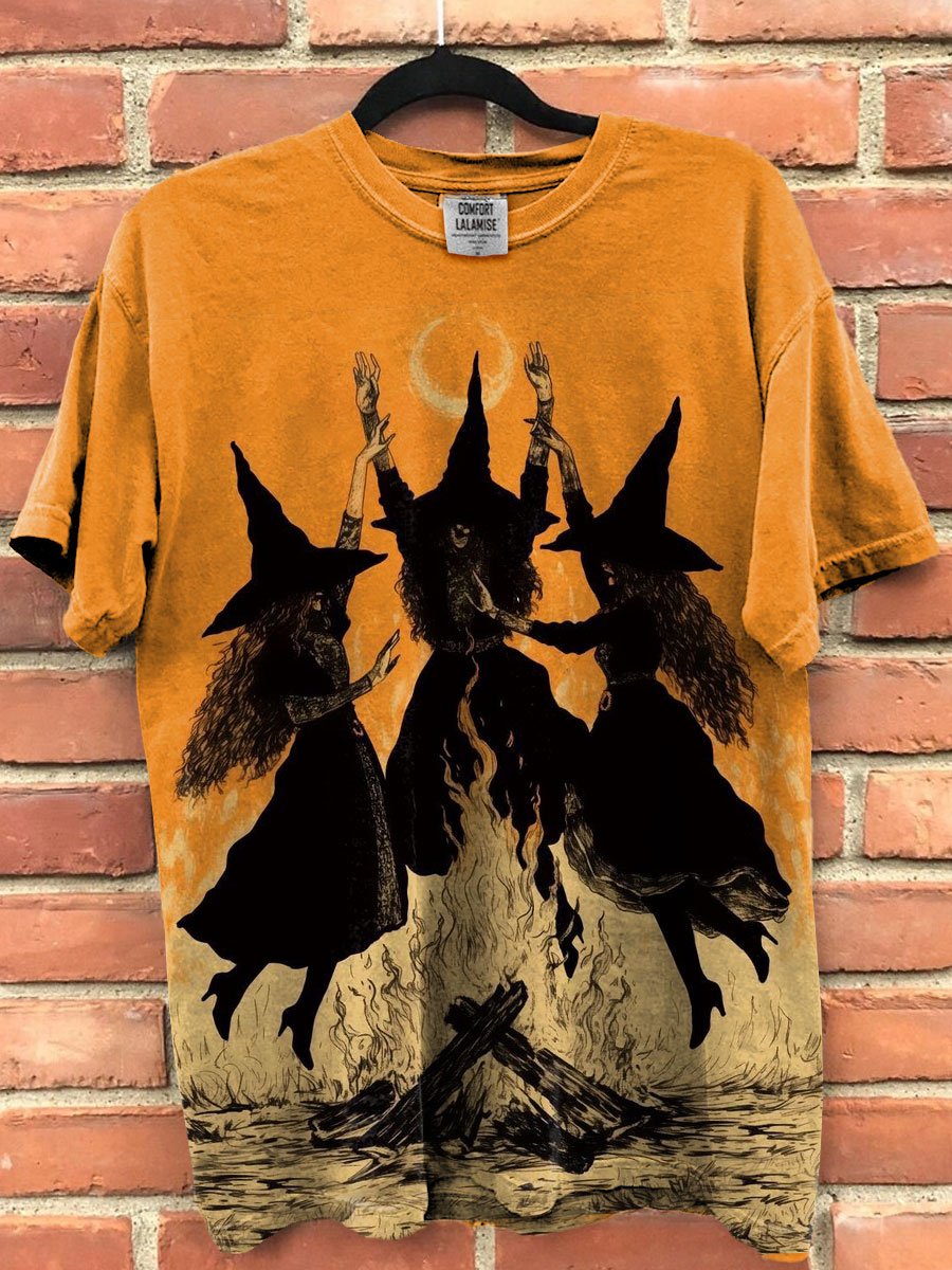 Witchs Dancing Halloween Art Print Casaul Cotton Short Sleeve T-shirt
