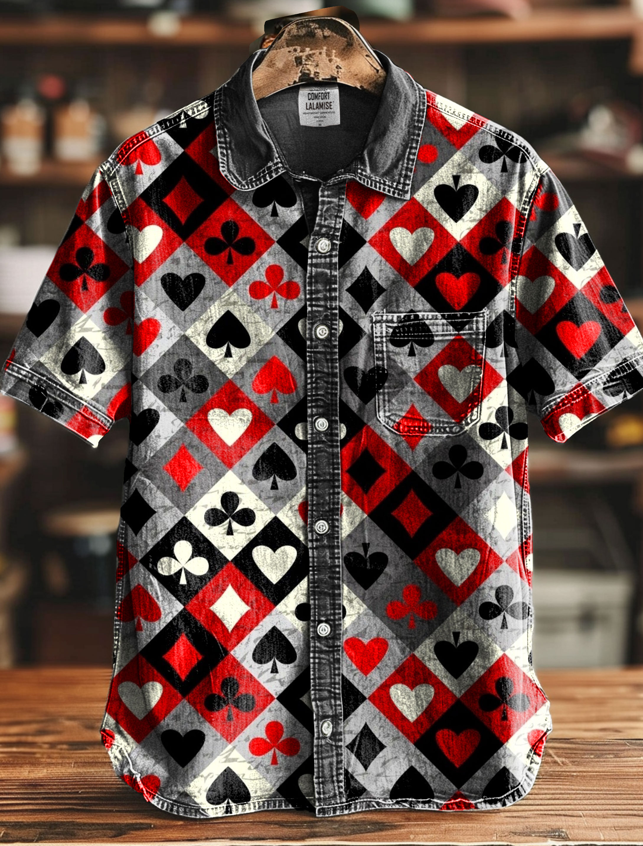 Card Color Block Art Print Casual 100% Cotton Shirt
