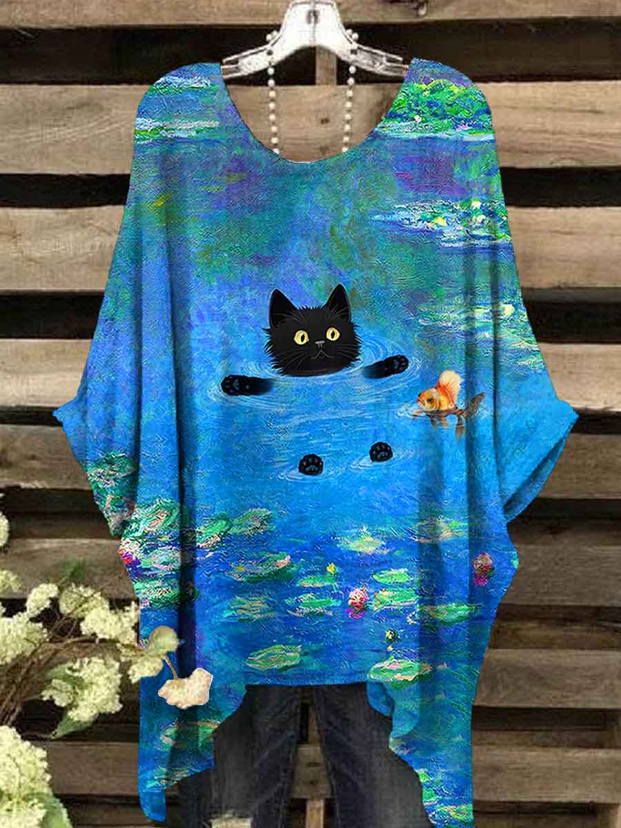 Women's Funny Black Cat Painting Art Print Casual Top