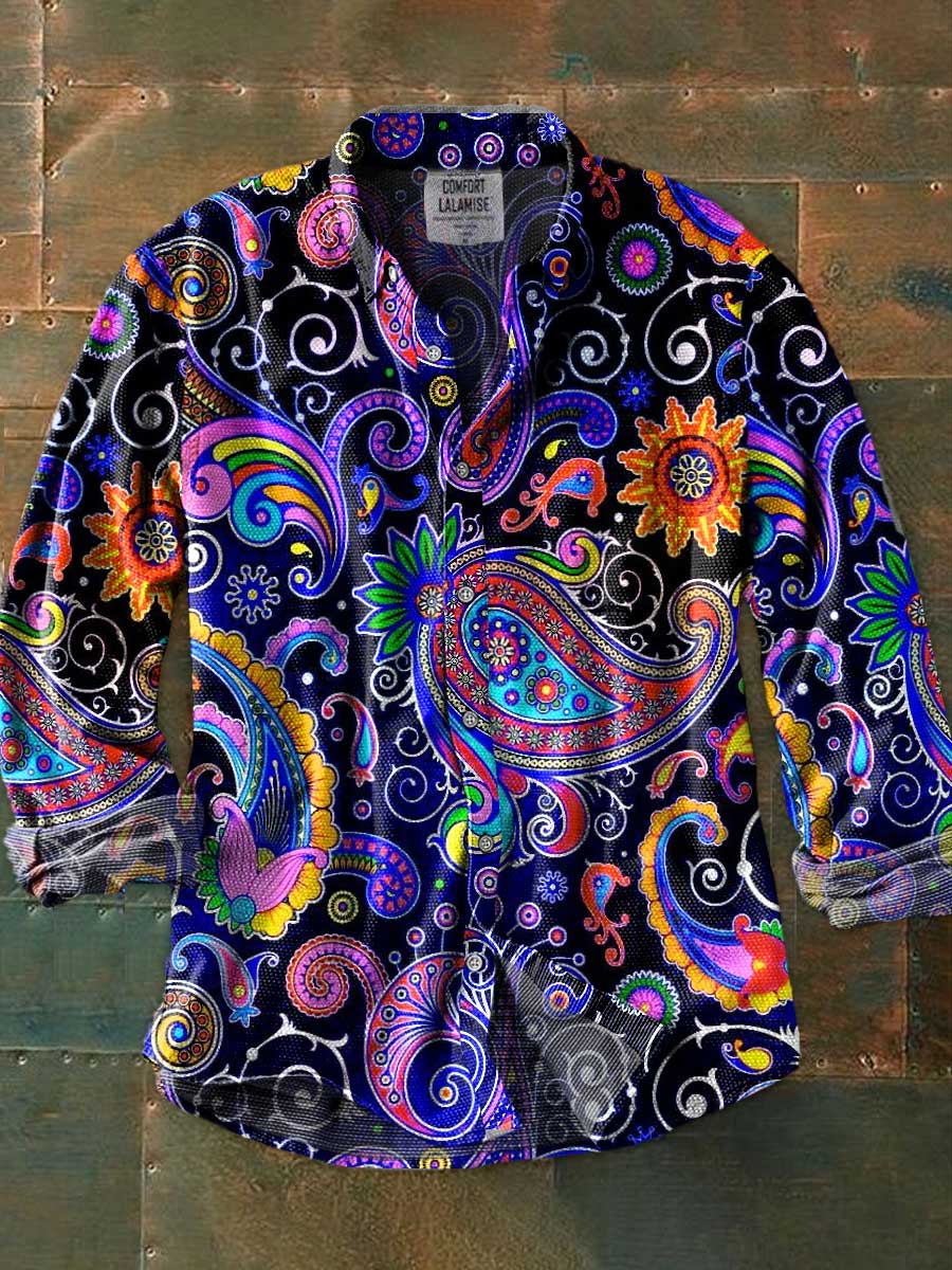 Vintage Ethinic Art Print 100% Cotton Long Sleeve Shirt