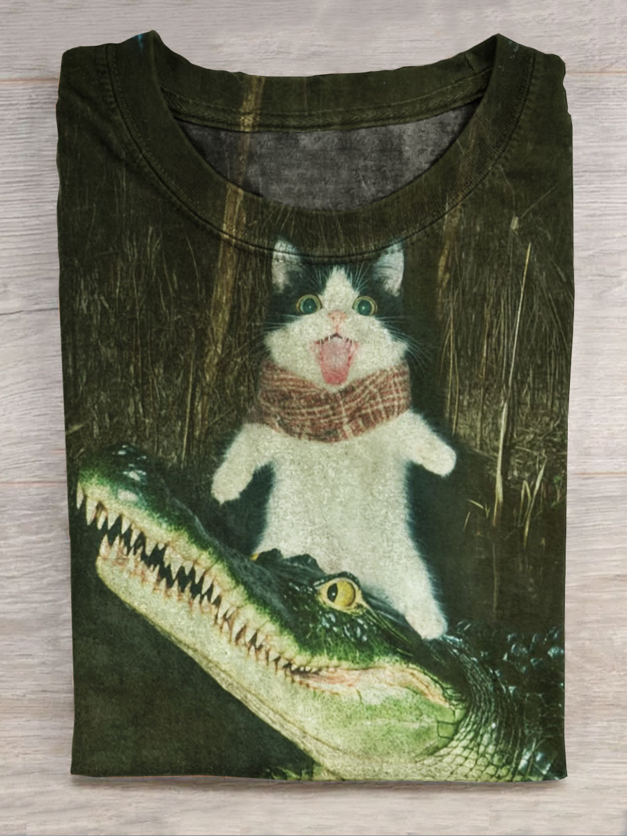 Funny Cat and Crocodile Printed Casual Top