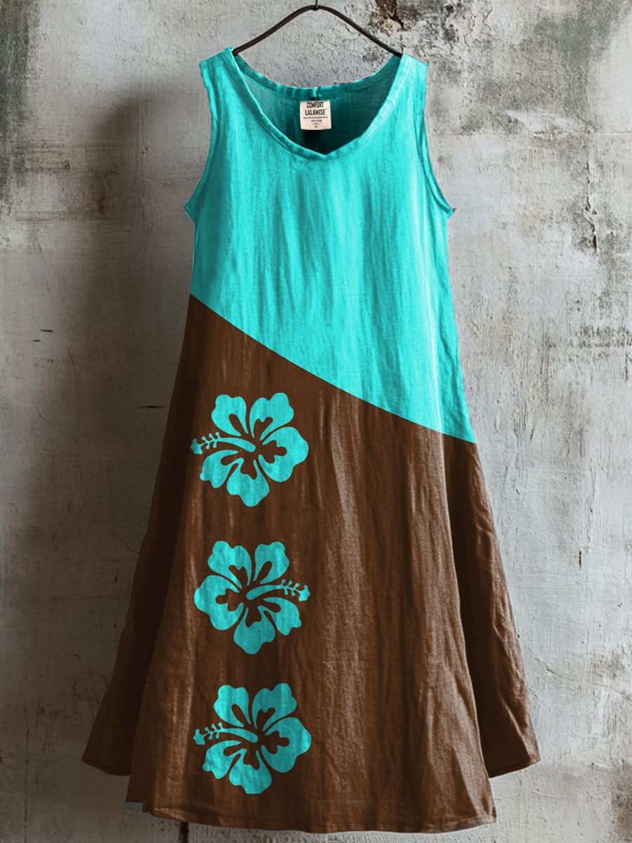 Women's Sunmmer Flower Art Print V-neck Pocket Cotton Dress