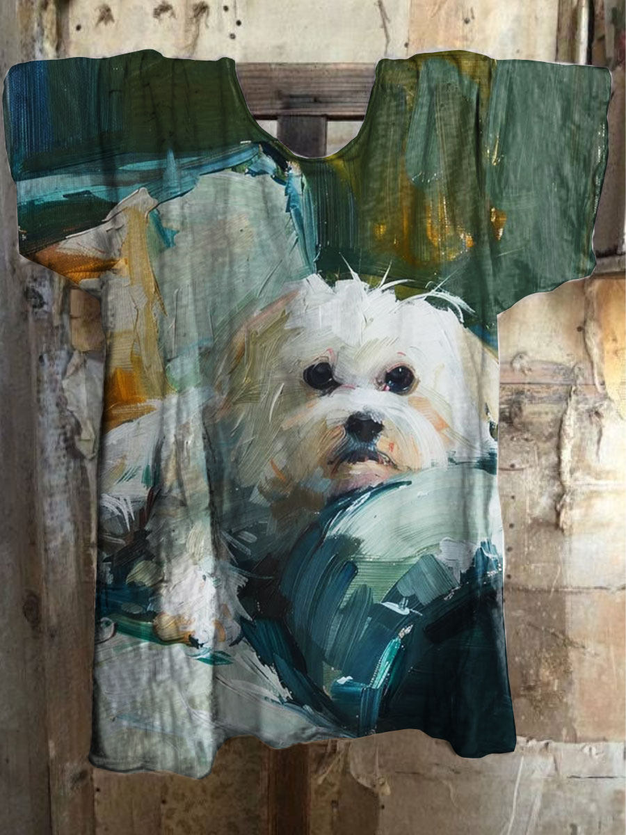 Vintage Dog Print Cotton Crew Tee