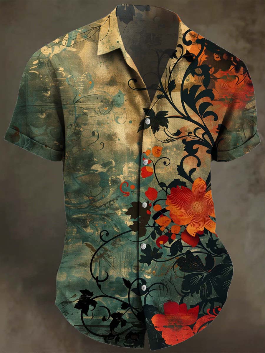 Vintage Flower Watercolor Art Print Casual 100% Cotton Shirt
