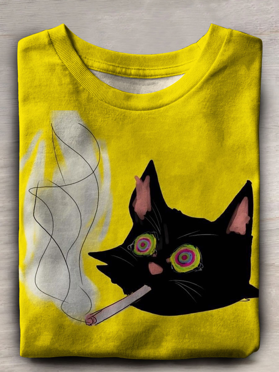 Cat Smoking Cartoon Art Print Casual T-shirt