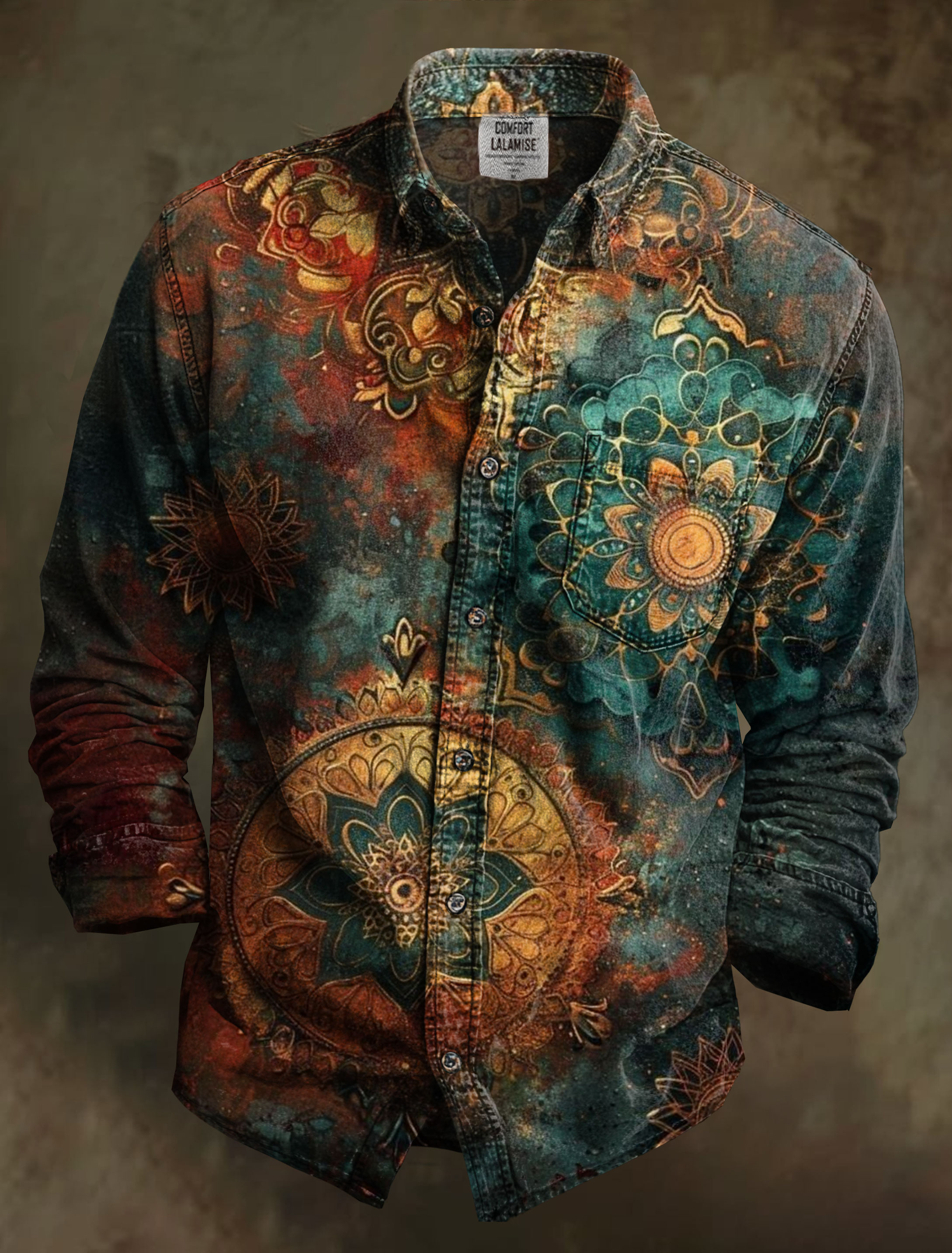 Vintage Mandala Art Print 100% Cotton Long Sleeve Shirt