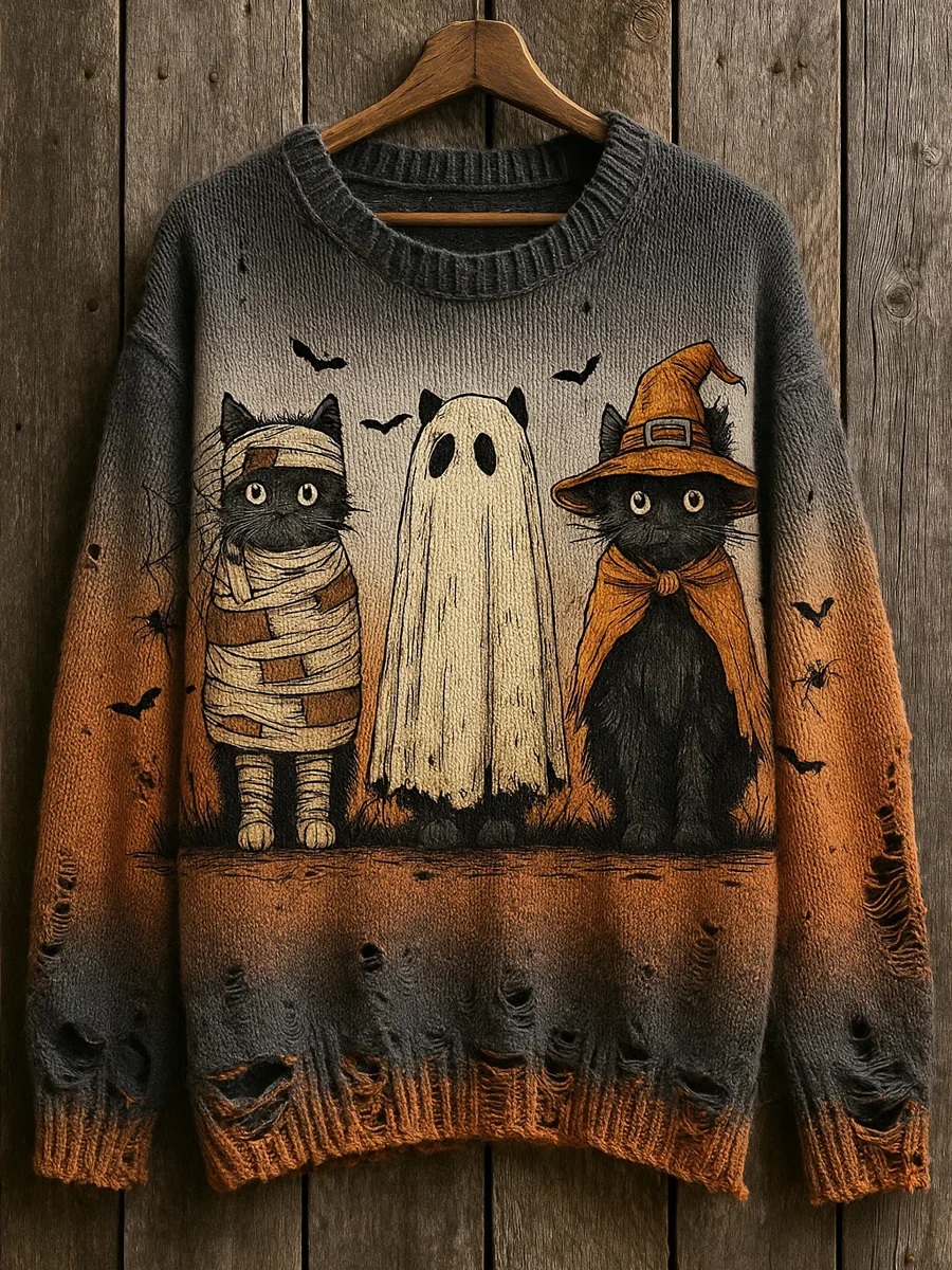 Cute Vintage Halloween skull cat Art Print Knit Pullover Sweater