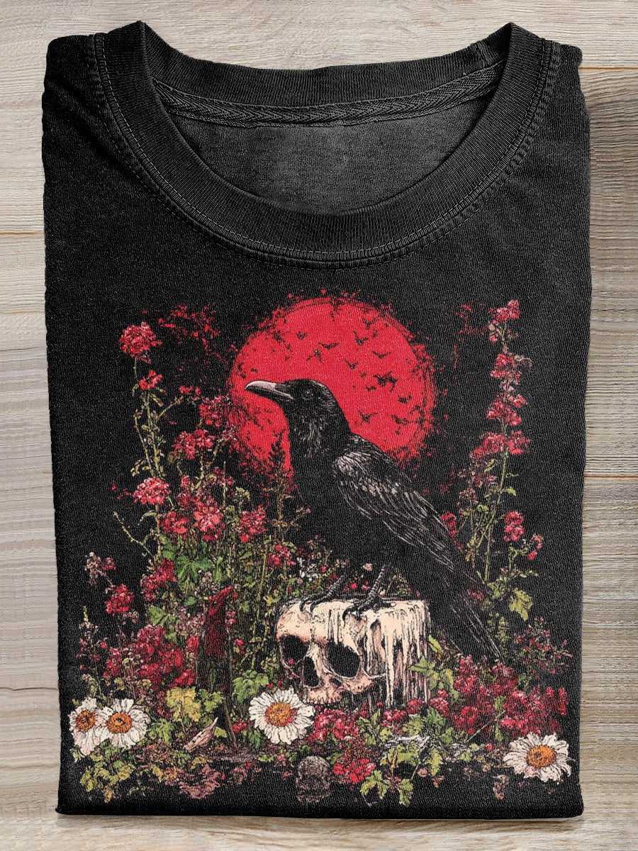 Gorgeous Dark Crow Print Casual Pure Cotton Loose T-Shirt