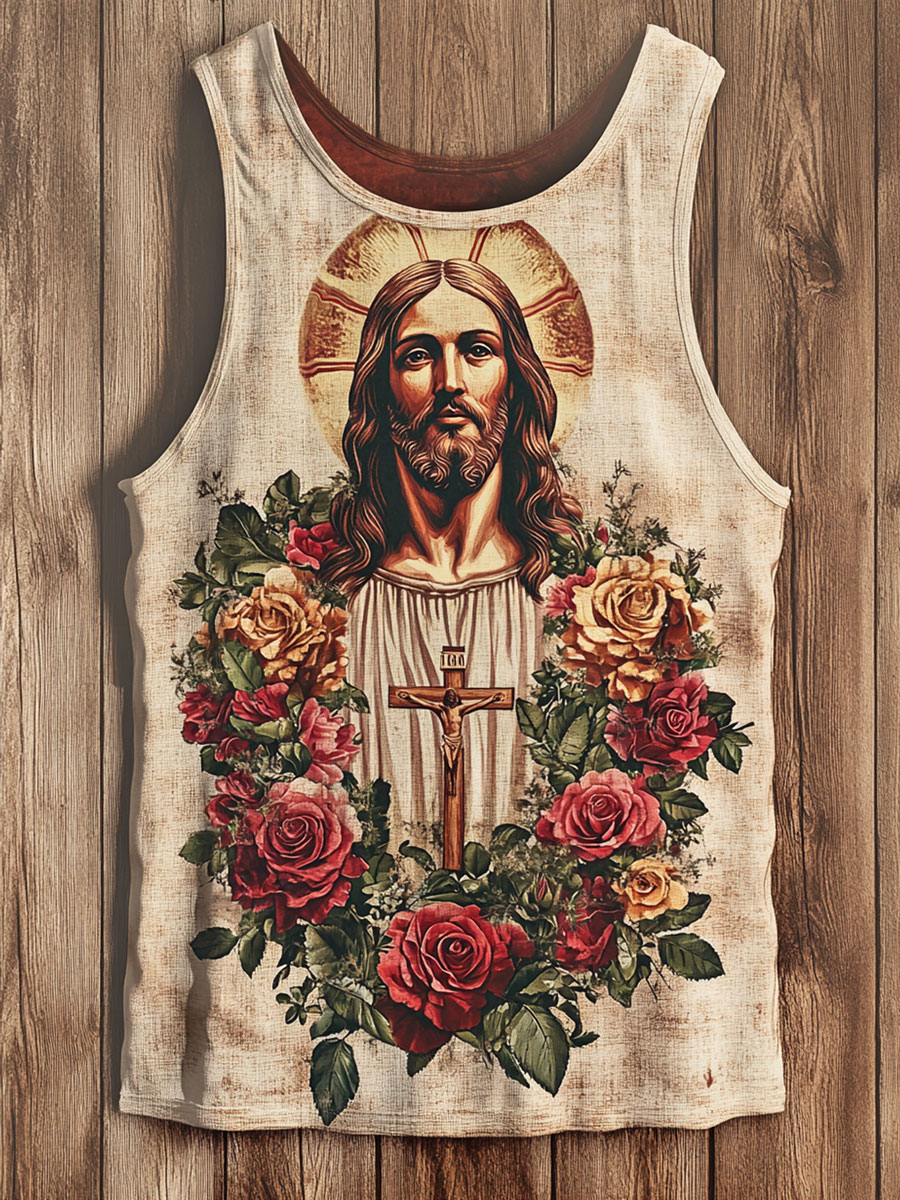 Vintage Floral Jesus Print Tank Top