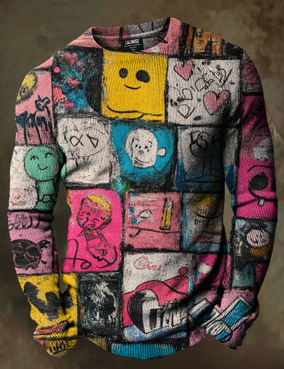 Abstrct Art Print Causal Long Sleeve Cozy Knit Pullover Sweater