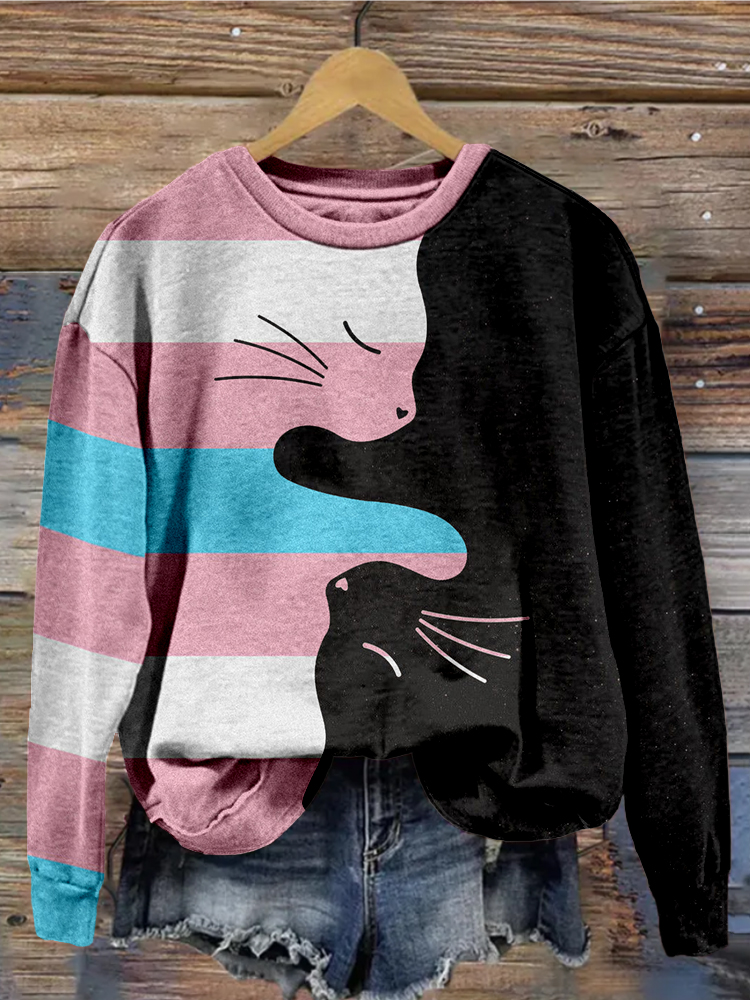 Transgender Yin Yang Cat Print Vintage Cozy Sweatshirt