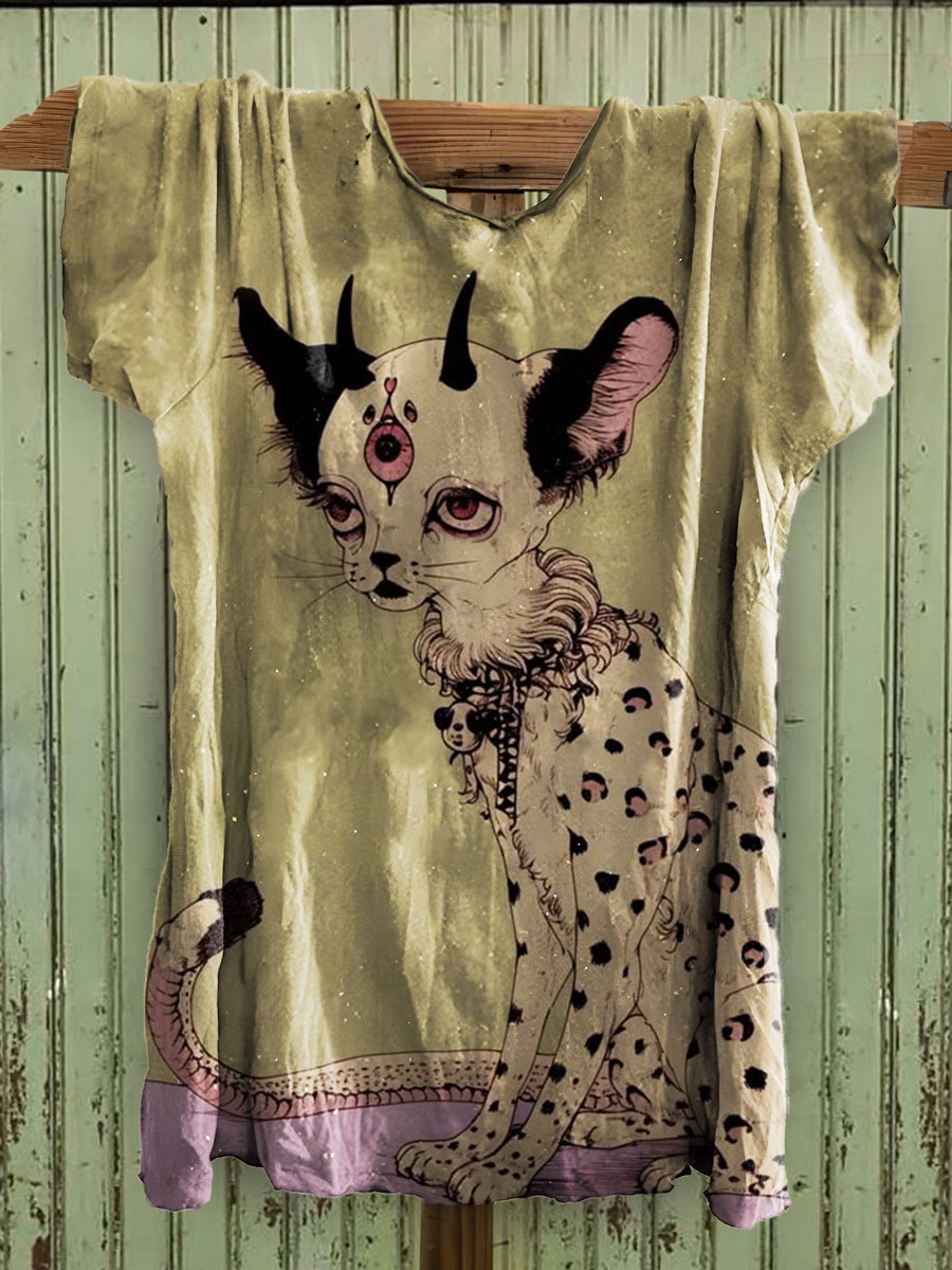 Cat Print Cotton Crew Tee