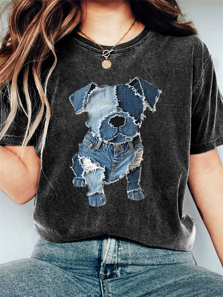 Women's Casual Funny Denim Dog Print T-shirt
