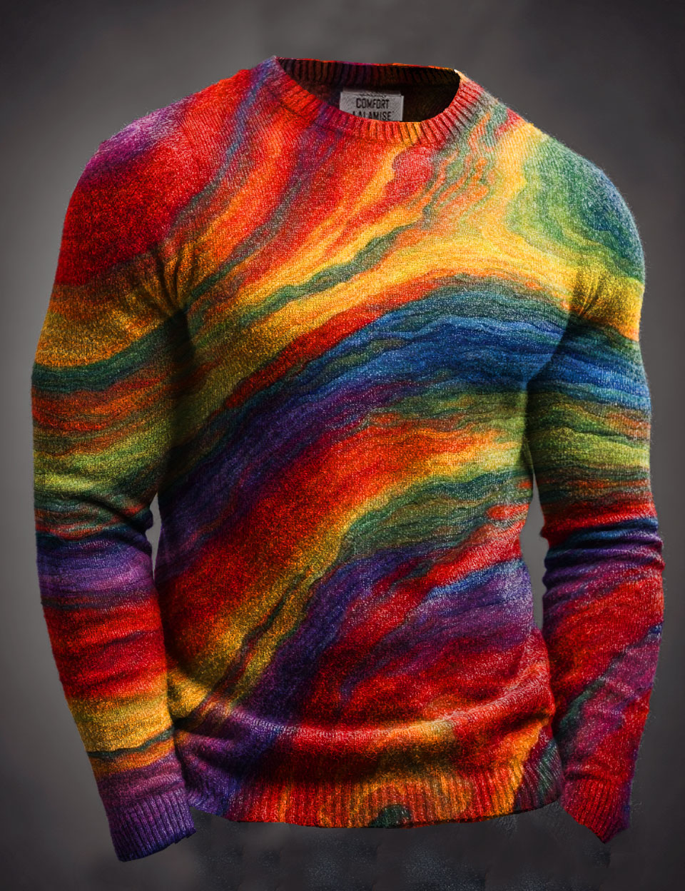 Multicolor Abstrct Wave Art Print Knit Pullover Casual Long Sweater
