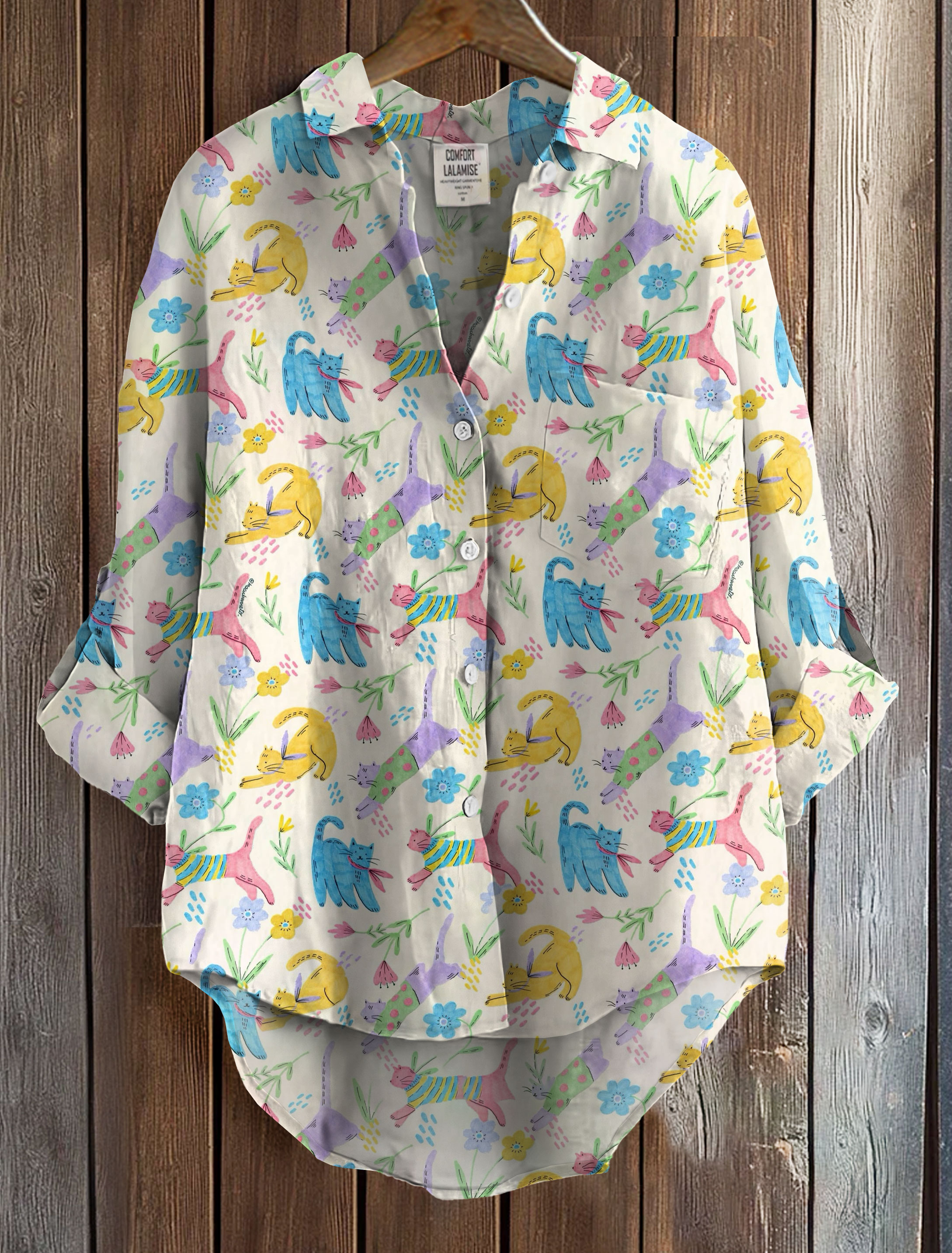 Cats Art Print Casual Cotton Shirt