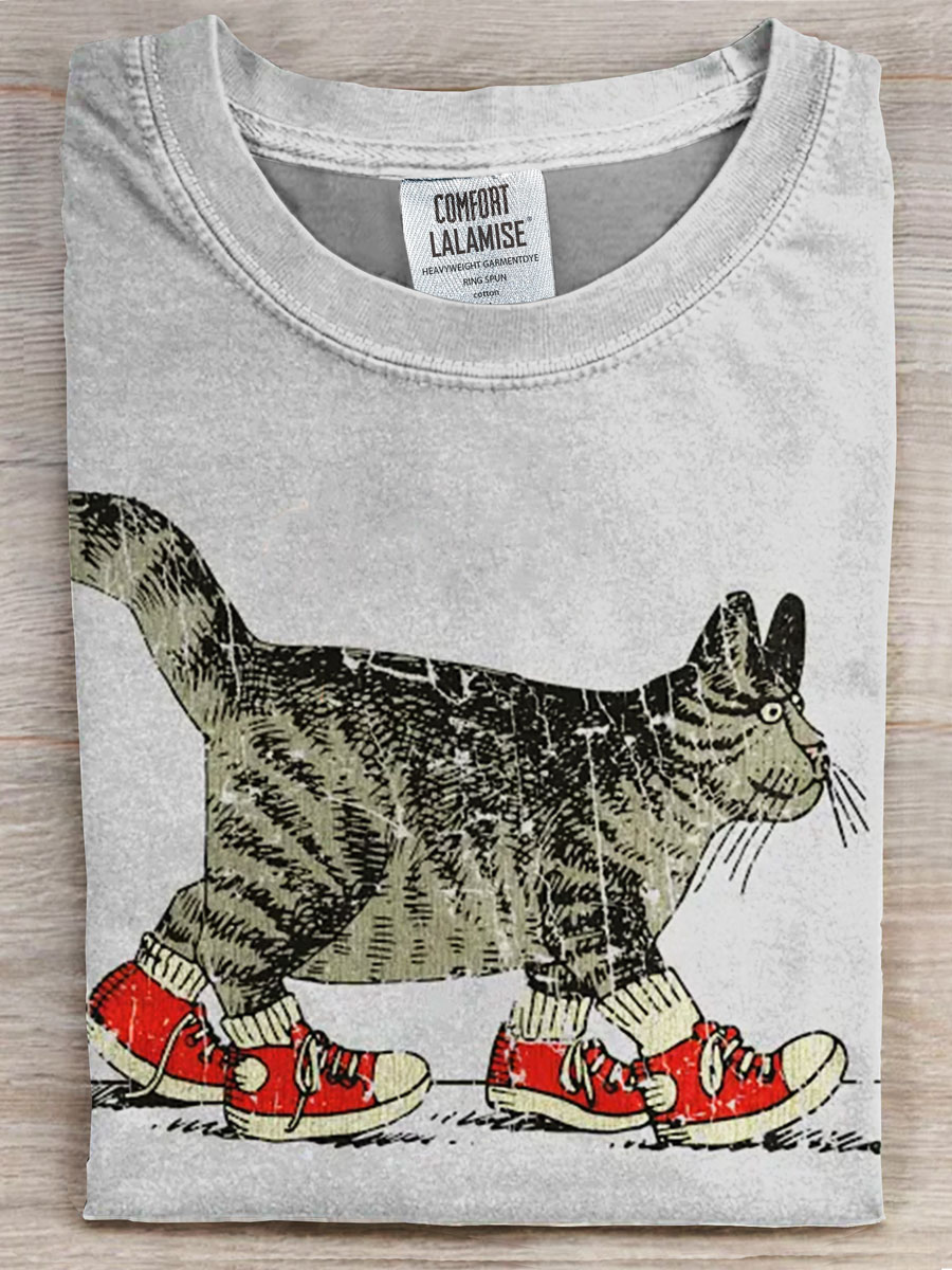 Vintage Cat Prints Casual T-shirt