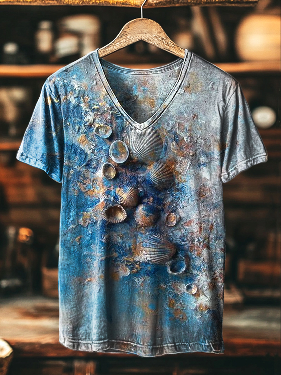Vintage Abstract Shell Halo Art Print Casual V-Neck T-Shirt